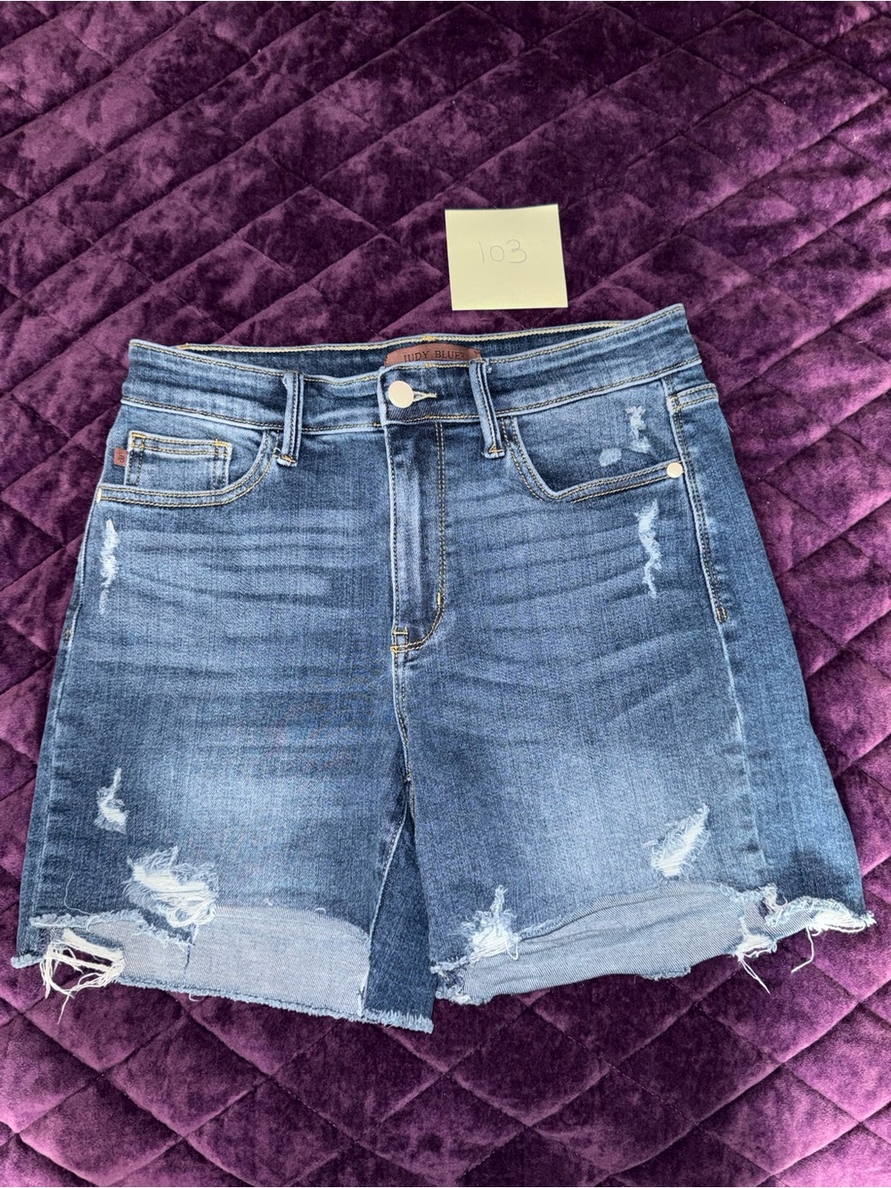 Judy Blue Distressed Mid-Blue Denim Shorts